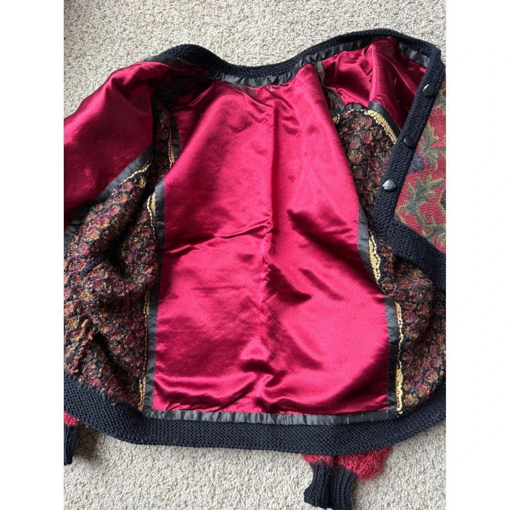 Vintage Tapestry wool Cardigan‎ Boho Art-to-Wear popcorn Knit Jacket eclectic L